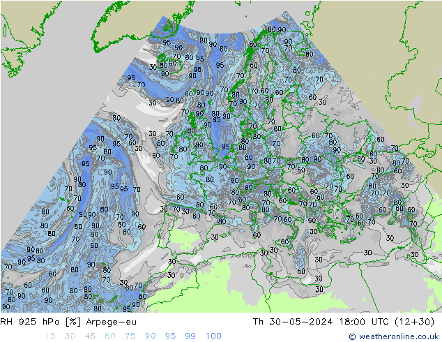 RH 925 hPa Arpege-eu Th 30.05.2024 18 UTC