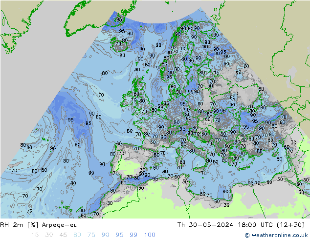 RH 2m Arpege-eu чт 30.05.2024 18 UTC