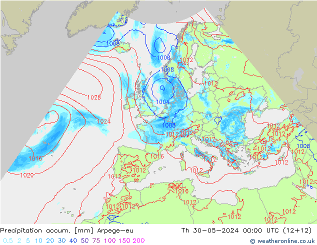 Totale neerslag Arpege-eu do 30.05.2024 00 UTC