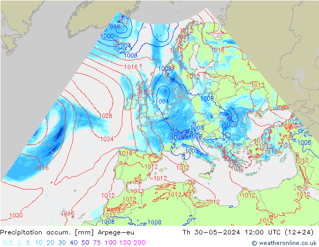 Totale neerslag Arpege-eu do 30.05.2024 12 UTC