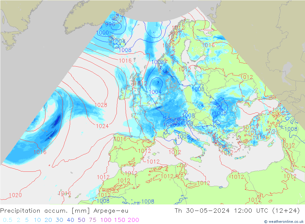 Precipitation accum. Arpege-eu Th 30.05.2024 12 UTC