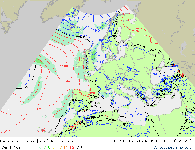 High wind areas Arpege-eu Čt 30.05.2024 09 UTC