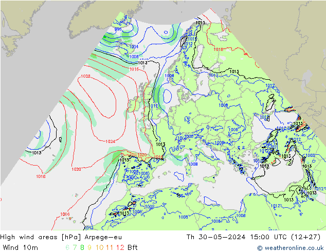 High wind areas Arpege-eu gio 30.05.2024 15 UTC