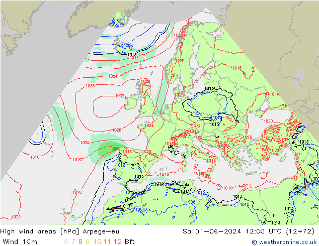 High wind areas Arpege-eu Sa 01.06.2024 12 UTC