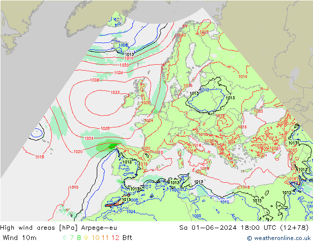 High wind areas Arpege-eu сб 01.06.2024 18 UTC