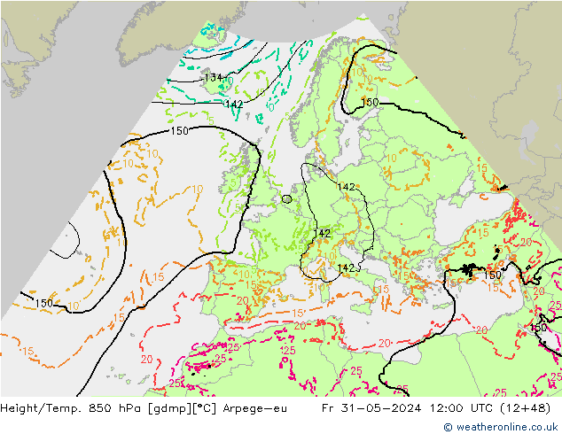 Geop./Temp. 850 hPa Arpege-eu vie 31.05.2024 12 UTC