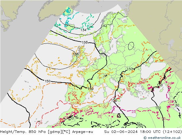 Height/Temp. 850 hPa Arpege-eu So 02.06.2024 18 UTC