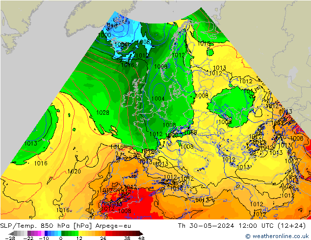 SLP/Temp. 850 hPa Arpege-eu  30.05.2024 12 UTC