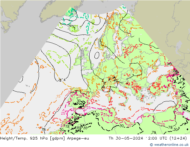 Height/Temp. 925 hPa Arpege-eu Qui 30.05.2024 12 UTC