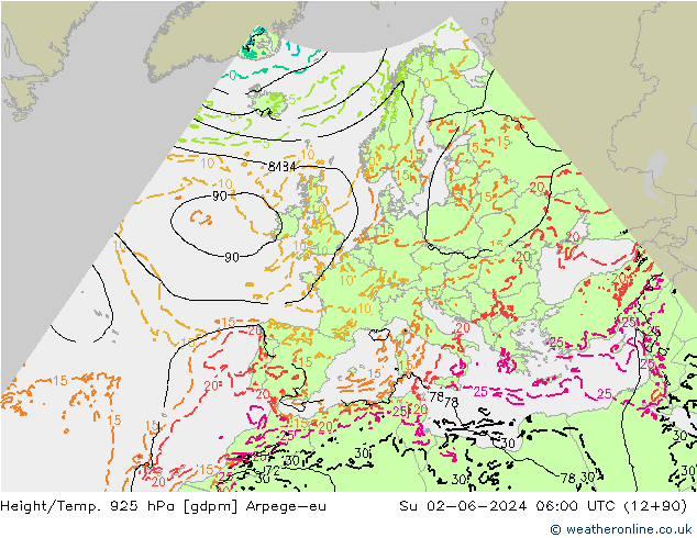 Height/Temp. 925 hPa Arpege-eu Su 02.06.2024 06 UTC