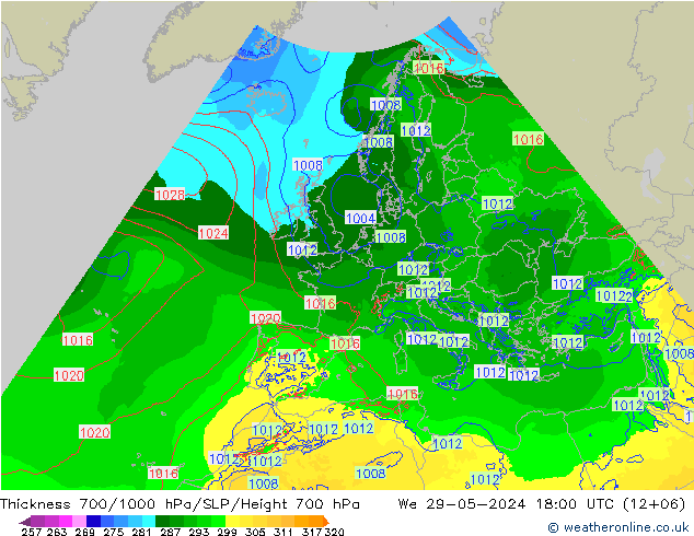 Thck 700-1000 hPa Arpege-eu Qua 29.05.2024 18 UTC