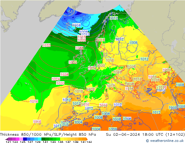 Schichtdicke 850-1000 hPa Arpege-eu So 02.06.2024 18 UTC