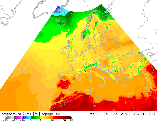 Temperatura (2m) Arpege-eu mer 29.05.2024 21 UTC