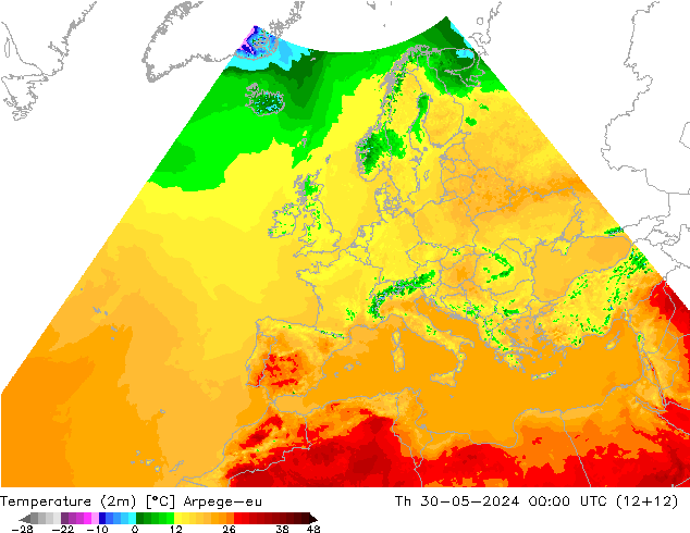 Temperatuurkaart (2m) Arpege-eu do 30.05.2024 00 UTC