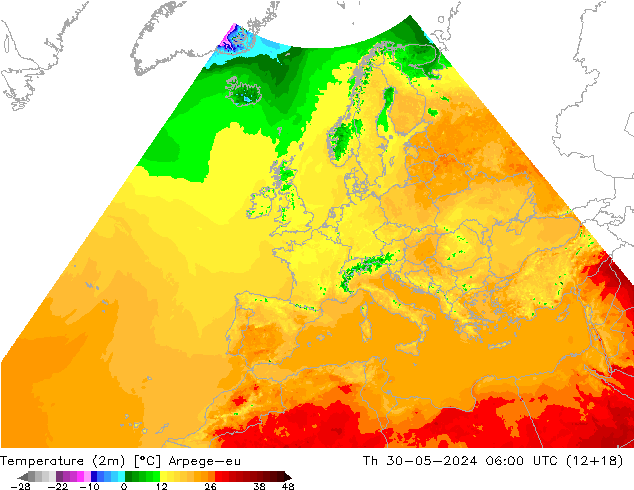 Temperatuurkaart (2m) Arpege-eu do 30.05.2024 06 UTC