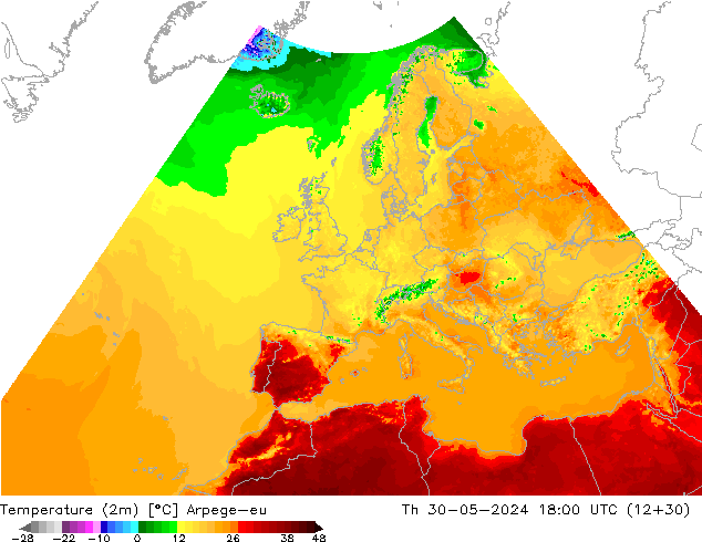 Temperaturkarte (2m) Arpege-eu Do 30.05.2024 18 UTC