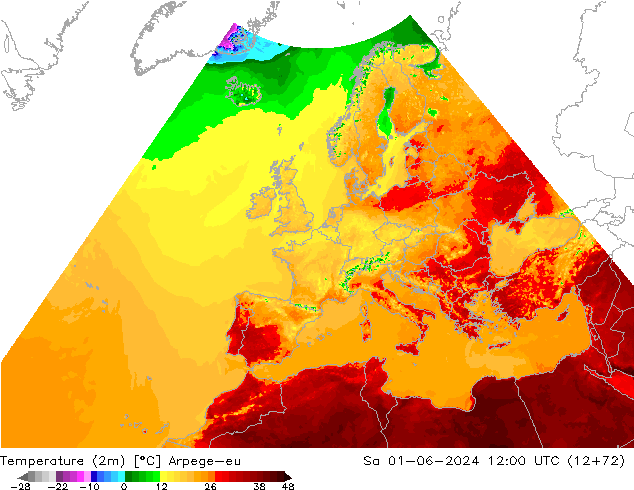 Temperaturkarte (2m) Arpege-eu Sa 01.06.2024 12 UTC