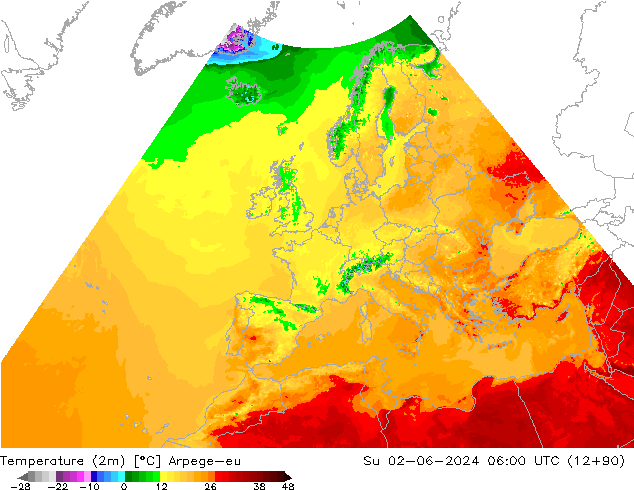 température (2m) Arpege-eu dim 02.06.2024 06 UTC