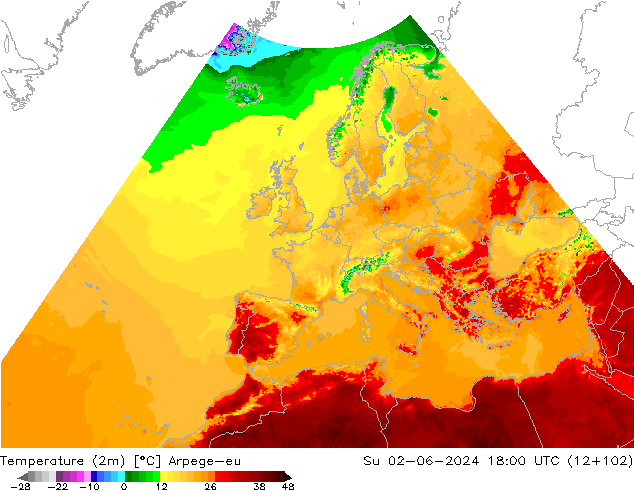 Temperatura (2m) Arpege-eu dom 02.06.2024 18 UTC