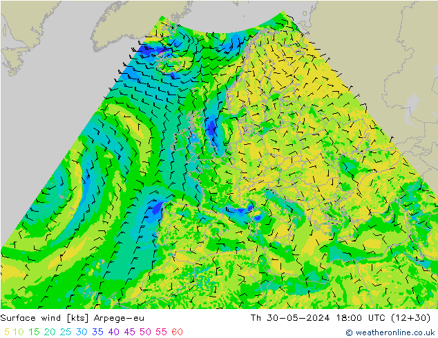 Surface wind Arpege-eu Th 30.05.2024 18 UTC