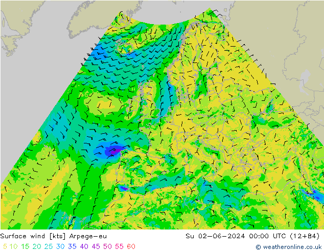 Vento 10 m Arpege-eu Dom 02.06.2024 00 UTC