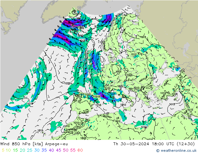 Wind 850 hPa Arpege-eu Th 30.05.2024 18 UTC