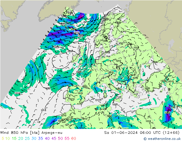 Wind 850 hPa Arpege-eu Sa 01.06.2024 06 UTC