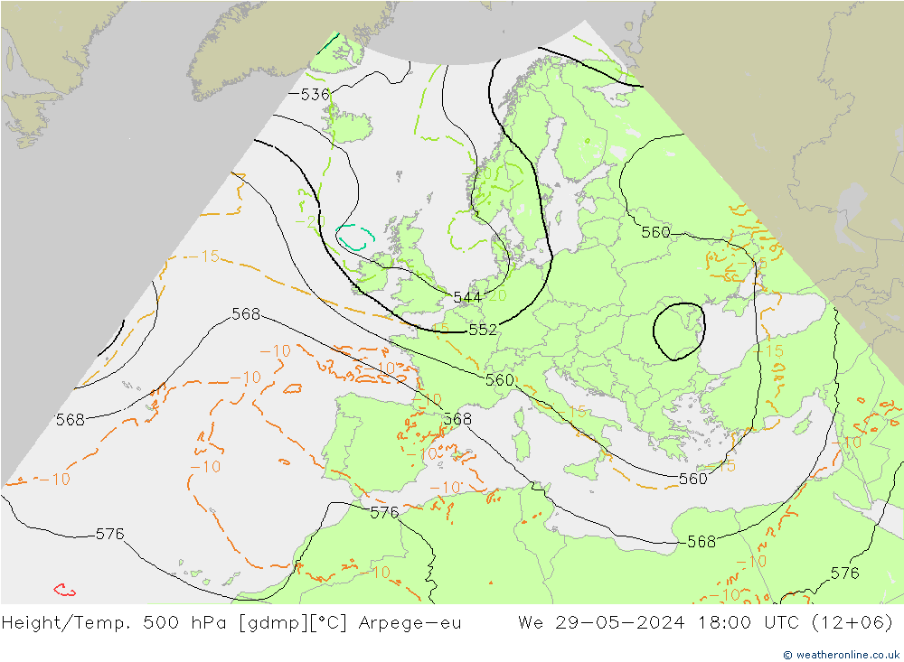 Height/Temp. 500 hPa Arpege-eu Mi 29.05.2024 18 UTC