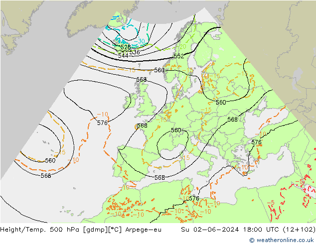 Hoogte/Temp. 500 hPa Arpege-eu zo 02.06.2024 18 UTC