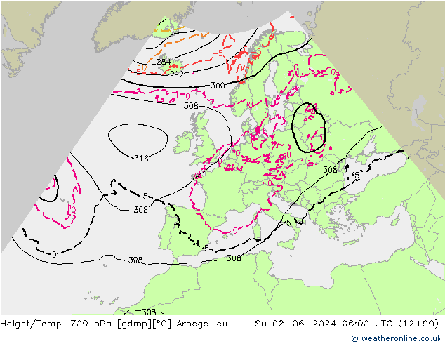 Height/Temp. 700 hPa Arpege-eu So 02.06.2024 06 UTC