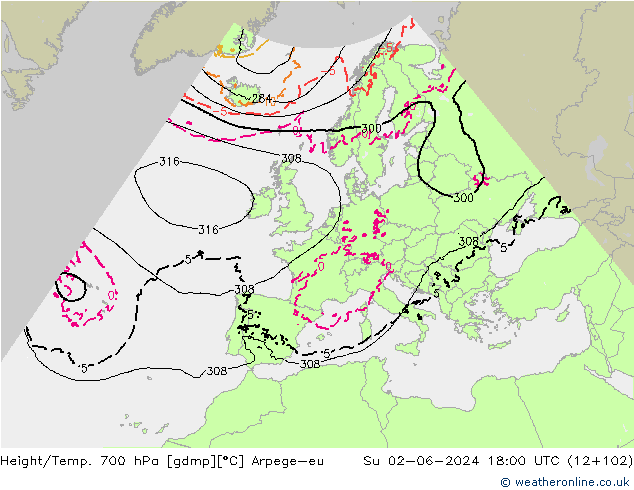 Height/Temp. 700 hPa Arpege-eu  02.06.2024 18 UTC