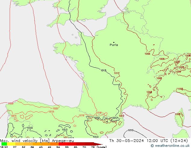 Max. wind velocity Arpege-eu czw. 30.05.2024 12 UTC