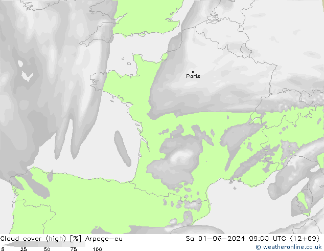 Cloud cover (high) Arpege-eu Sa 01.06.2024 09 UTC