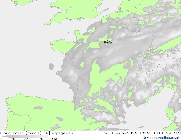 Cloud cover (middle) Arpege-eu Su 02.06.2024 18 UTC