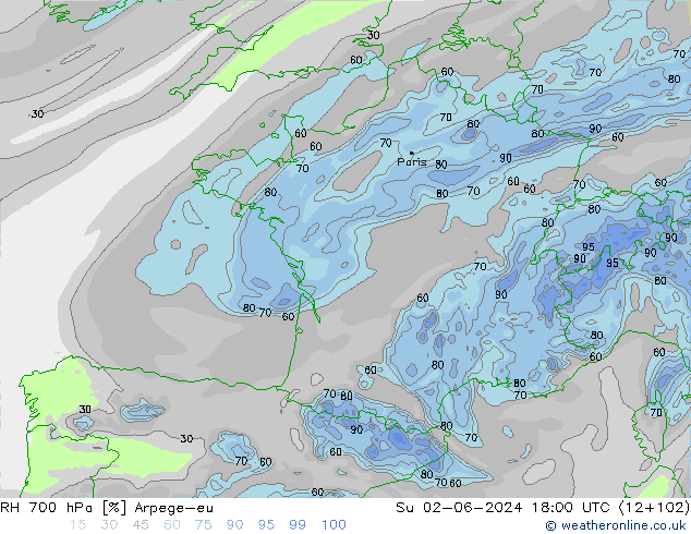 RH 700 hPa Arpege-eu Su 02.06.2024 18 UTC