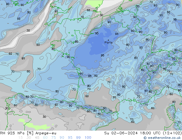 Humedad rel. 925hPa Arpege-eu dom 02.06.2024 18 UTC