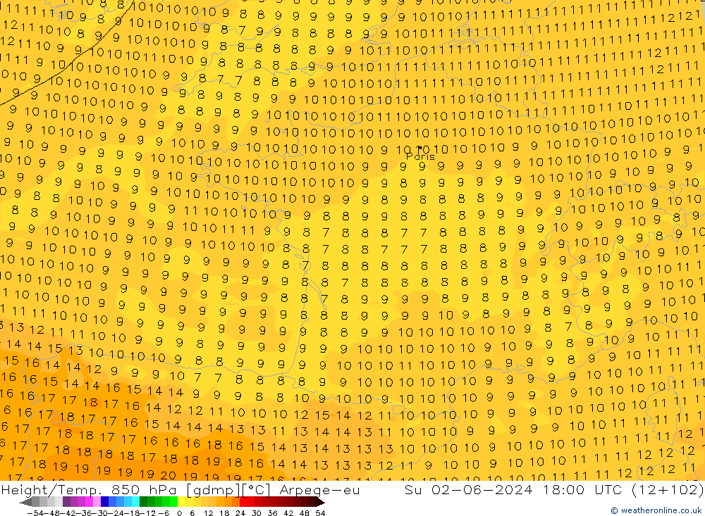 Height/Temp. 850 гПа Arpege-eu Вс 02.06.2024 18 UTC