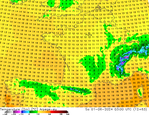 Temperatura (2m) Arpege-eu sáb 01.06.2024 03 UTC