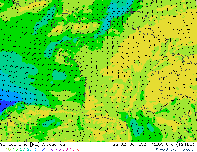 Surface wind Arpege-eu Su 02.06.2024 12 UTC