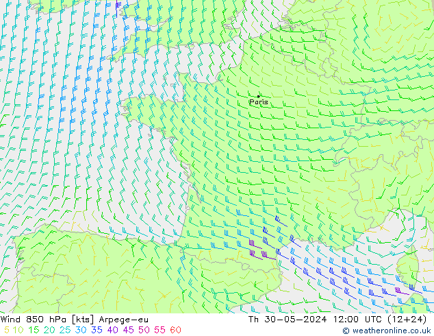 wiatr 850 hPa Arpege-eu czw. 30.05.2024 12 UTC