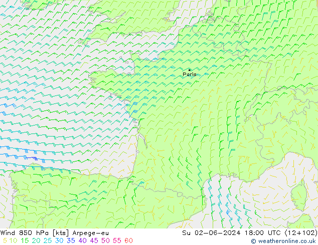 Rüzgar 850 hPa Arpege-eu Paz 02.06.2024 18 UTC