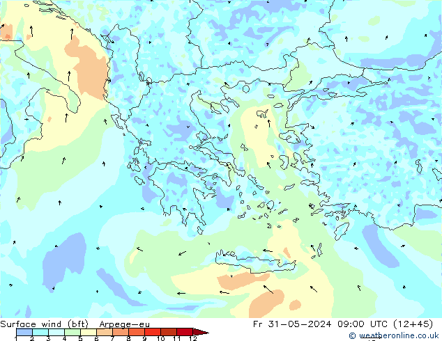 Wind 10 m (bft) Arpege-eu vr 31.05.2024 09 UTC