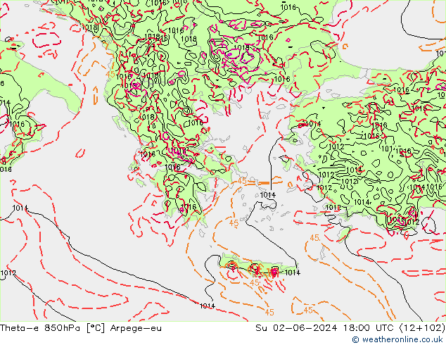 Theta-e 850hPa Arpege-eu dim 02.06.2024 18 UTC