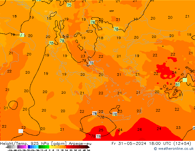 Height/Temp. 925 hPa Arpege-eu Sex 31.05.2024 18 UTC