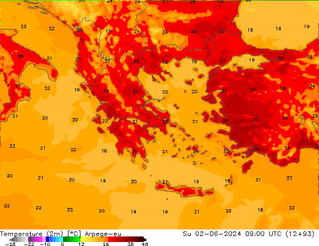 Temperature (2m) Arpege-eu Su 02.06.2024 09 UTC