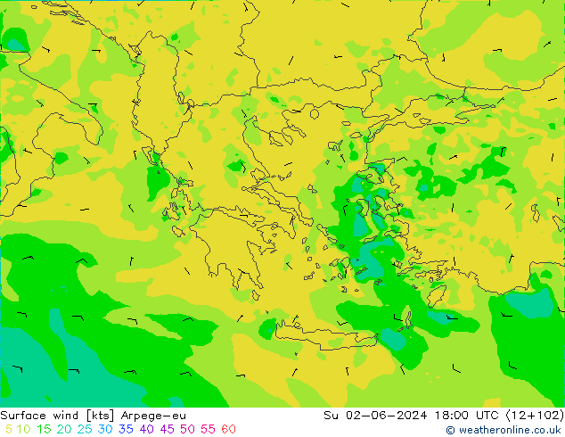 Vento 10 m Arpege-eu dom 02.06.2024 18 UTC