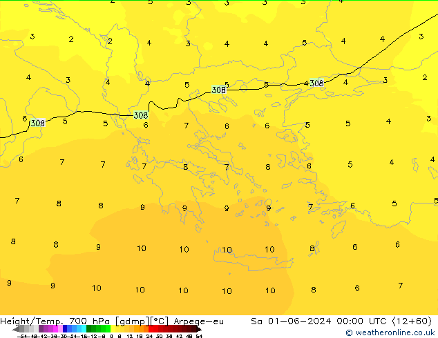 Height/Temp. 700 гПа Arpege-eu сб 01.06.2024 00 UTC