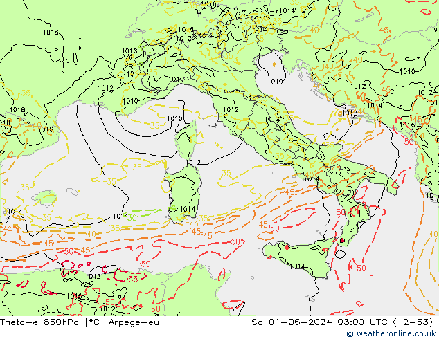 Theta-e 850hPa Arpege-eu  01.06.2024 03 UTC