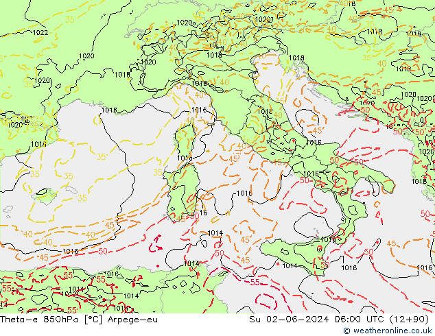 Theta-e 850hPa Arpege-eu Dom 02.06.2024 06 UTC