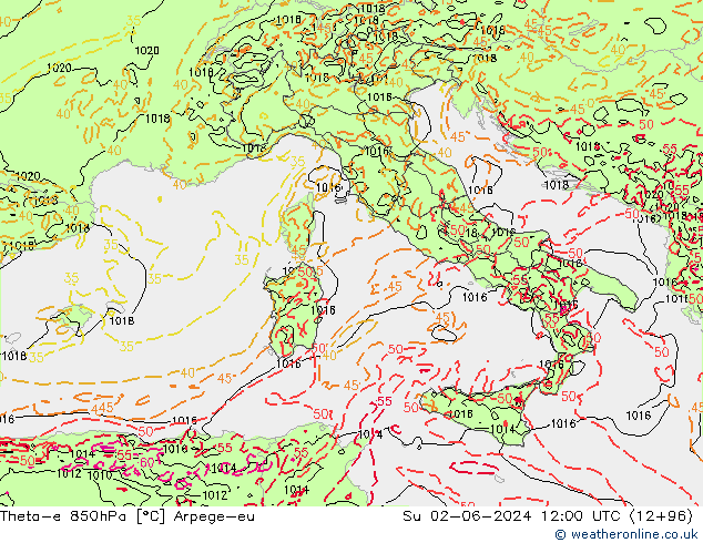Theta-e 850hPa Arpege-eu  02.06.2024 12 UTC